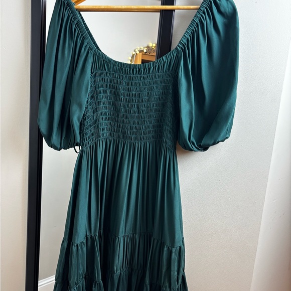 La Ligne Teal emerald green smocked maxi Dress scoop neck short sleeve silk - Picture 5 of 8